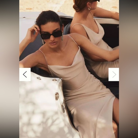 Jennings Cowl-Neck Ruched Side-Slit Satin Gown - Picture 3 of 5